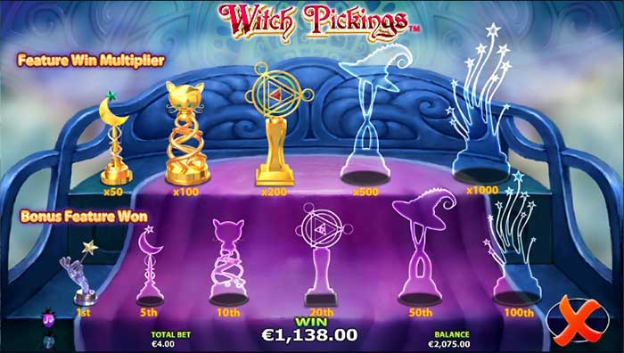 The Trophy Room Bonus is a performing feature of Witch Pickings