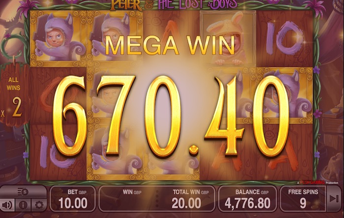 Big Win playing Free Spins in Peter and the Lost Boys
