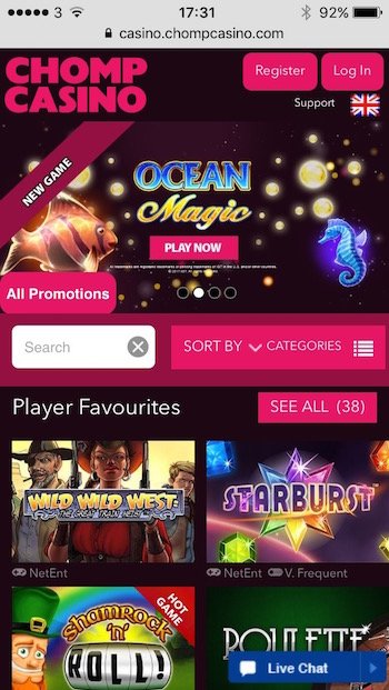 Nektan mobile casino and slots interface running on Chomp.com