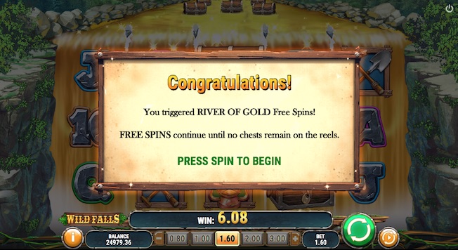 3 chests in view will activate the Wild Falls Slot Free Spins Bonus