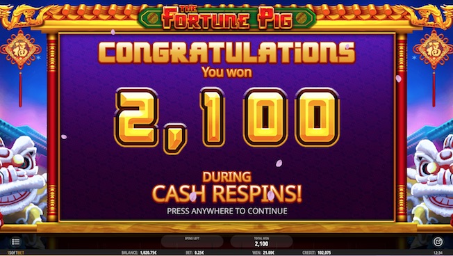 5 money bag symbols award 3 cash respins in Fortune Pig