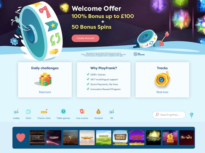 ‘PlayFrank.com review home screenshot