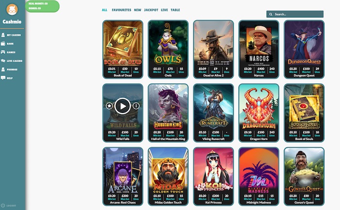 ‘Cashmio casino slots and games menu screenshot