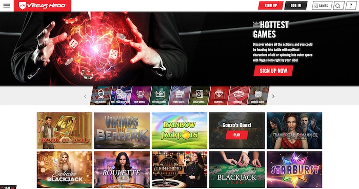 ‘Vegas Hero slots and games menu screenshot