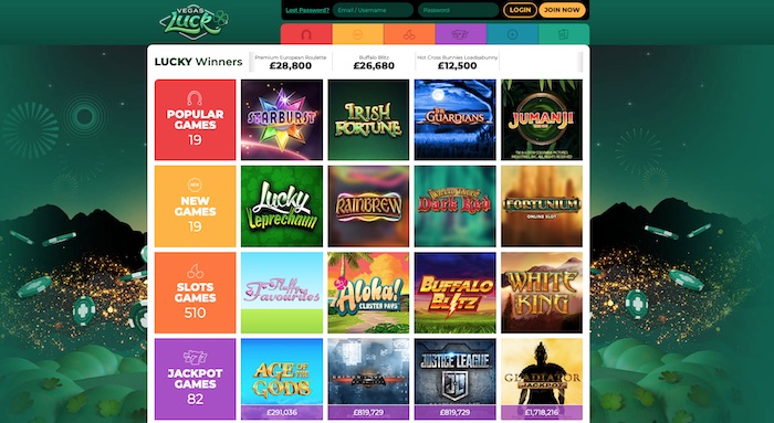Vegas Luck Casino slots and games menu screenshot