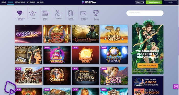 Casiplay Casino slots and games menu screenshot