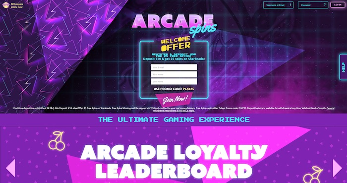 Arcadespins.com casino review screenshot