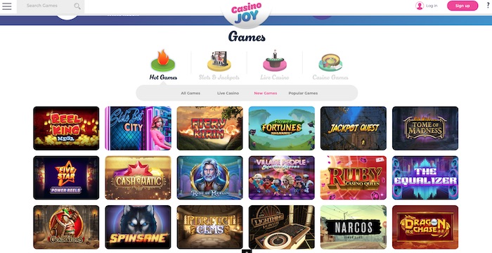 Casino Joy slots and games menu screenshot