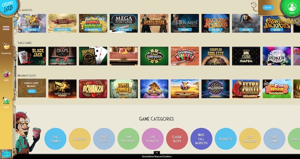 Casino Lab Review User Interface Games Menu