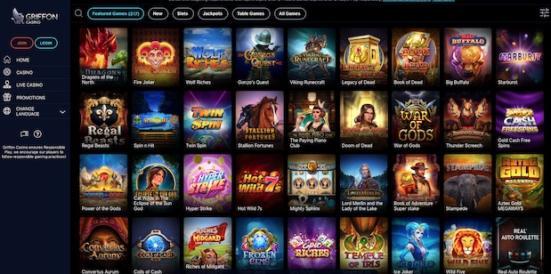 Griffon Casino UK User Interface and Games Menu