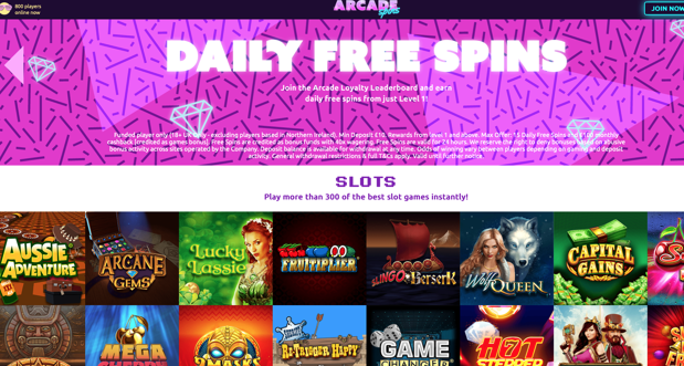 Arcade Spins Review User Interface Screenshot