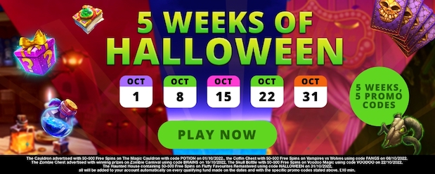 Get 5 weeks of free spins bonus codes this Halloween at Mr Fox Slots